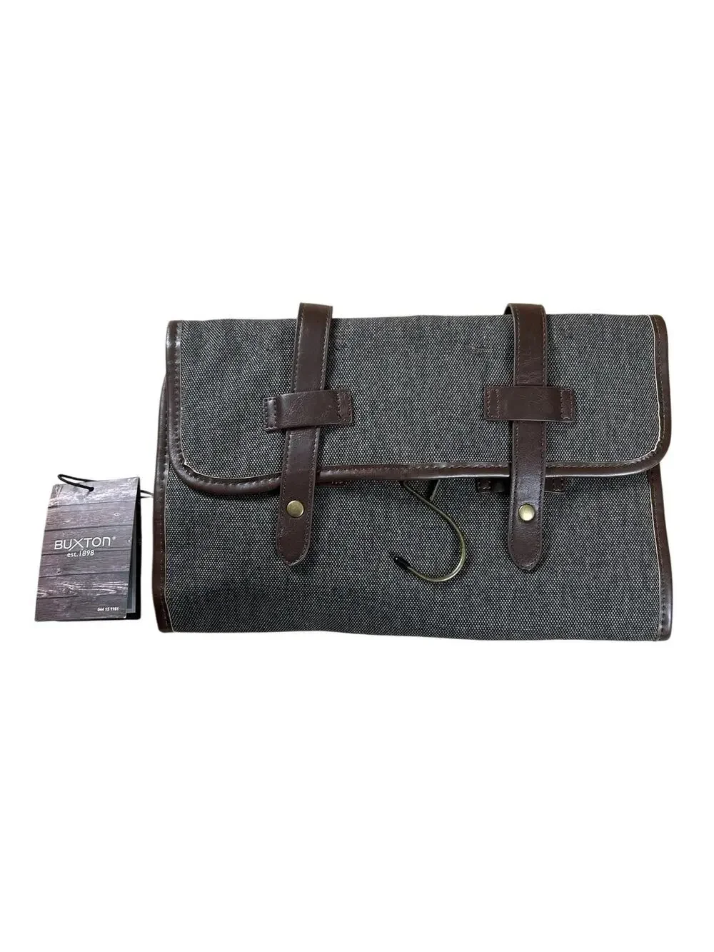 Buxton Clutch Mens Small Brown Canvas Faux Leather Lined Hanging Travel Kit